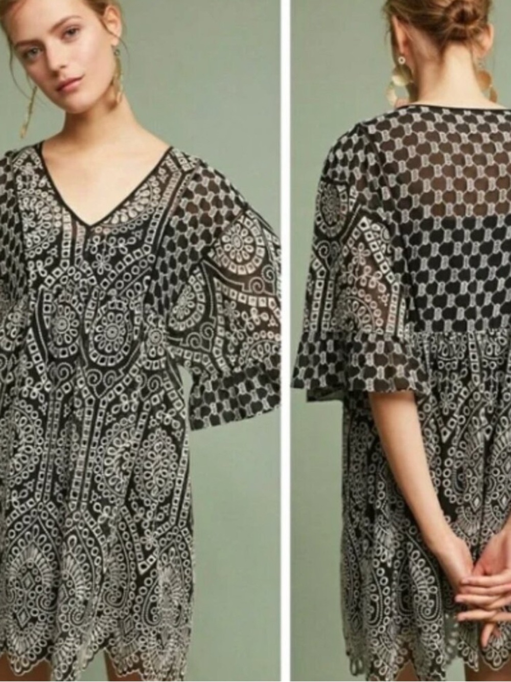Anthropologie Black & White Sheer Flowy Mini Dress